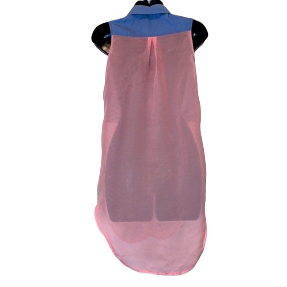 Last Kiss Denim & Sheer Button Down Sleeveless Long Flowy Blouse Top Pink Blue S - Picture 6 of 8